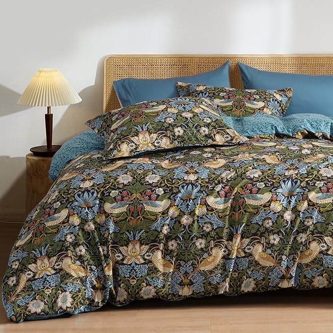 PHF Ultra Soft Floral Duvet Cover Queen Size, Revisible Boho Printed Vintage Bedding Set 3 Pieces, Comfy Durable Morris Garden Duvet Cover Set with 2 Pillow Shams, Zipper Closure and 8 Ties, 90"x90"