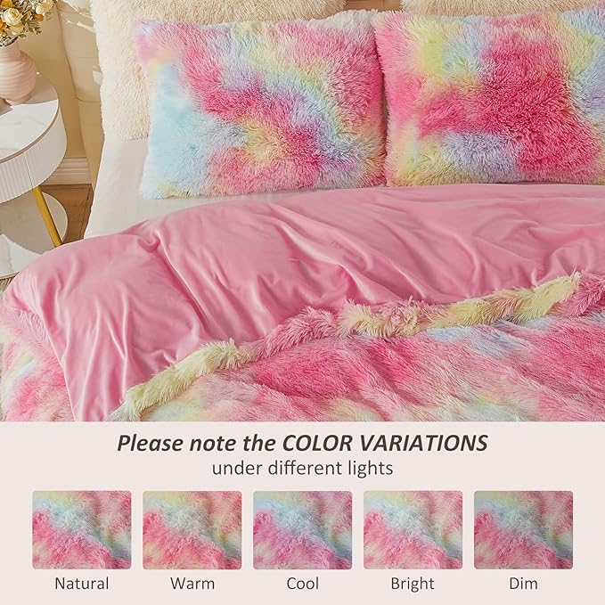 EMME Luxury Fuzzy Duvet Cover Set King Size Fluffy Comforter Cover Set for King Bed 2 Pieces Shaggy and Plush Soft Bedding Duvet Covers (Rainbow Colorful Pink, King)