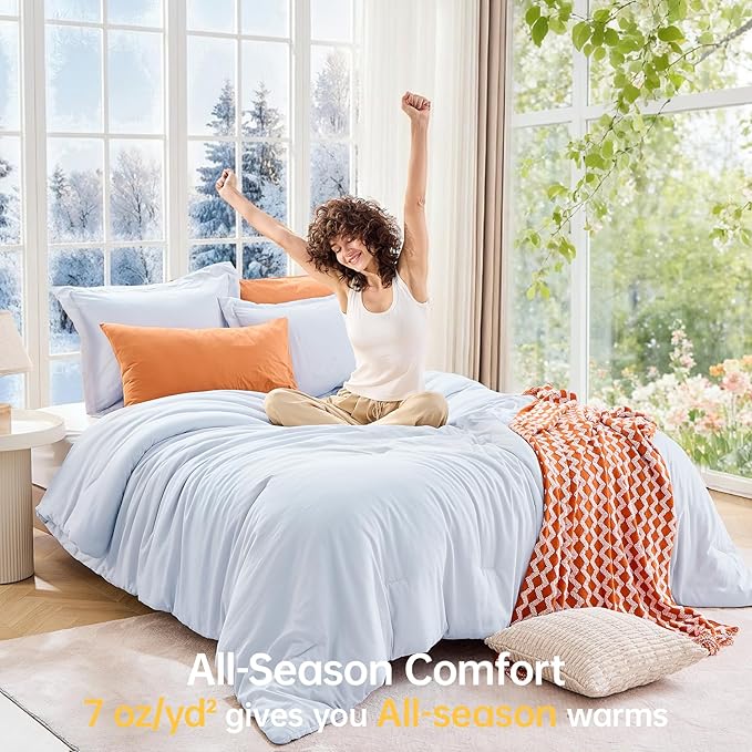 MUXHOMO Full Comforter Sets, All Season Ultra Soft Down Alternative Bedding - 3 Piece Lightweight Bed Set Includes 1 Comforter (82"x86") and 2 Pillow Shams (20"x26"), Light Blue