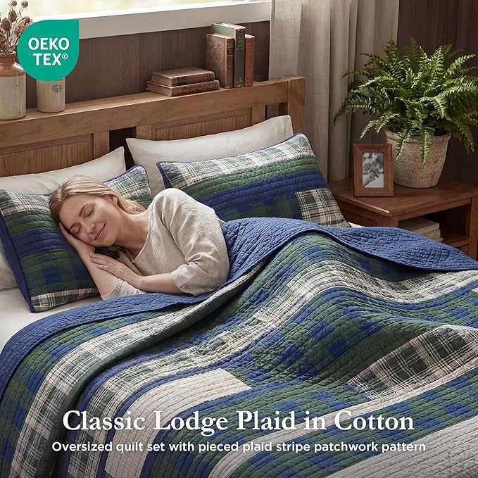 Woolrich Spruce Hill Reversible Quilt Set - Cottage Styling Reversed to Solid Color, All Season Lightweight Coverlet, Cozy Bedding Layer, Matching Shams, Oversized Full/Queen, Stripes Green 3 Piece