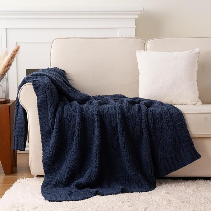 Battilo Navy Diamond Knit Throw Blanket for Couch and Bed, Soft Textured Chenille Blanket, Cozy Lightweight Decorative Blanket for Sofa, 50"x60"
