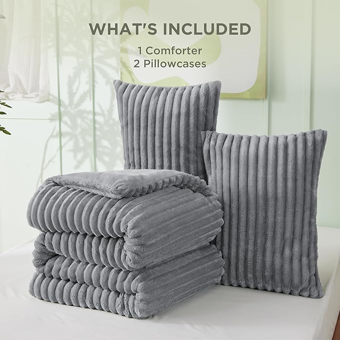 Bedsure King Size Comforter Set - GentleSoft™ 3 Pieces Fluffy Double-Side Fleece Comforter Set, Cozy Striped Room Decor Aesthetic, Luxury Grey King Bedding with 2 Pillowcases, 104x90 Inches