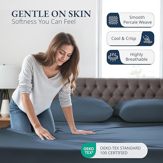 LANE LINEN Queen Fitted Sheet, 100% Organic Cotton Fitted Bed Sheets, Soft & Comfy Naturally Cooling Eco Friendly All Weather Fitted Sheets Queen Fits Mattress Upto 15" Deep- Navy (Cases Included)