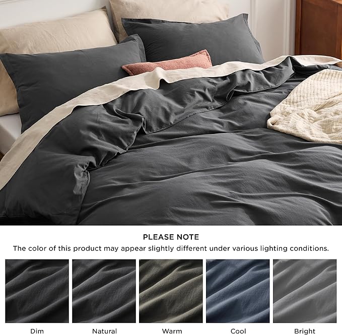 Bedsure 100% Washed Cotton Duvet Cover King - Charcoal Minimalist Cotton Duvet Cover Linen Like for All Seasons - GentleSoft™ Plain Simple Bedding (Charcoal, King, 104"x90")