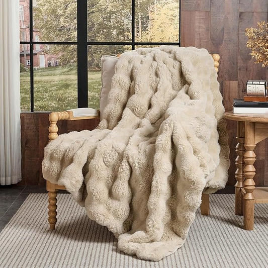 Lotus Karen Faux Fur Throw Blanket Linen - 800 GSM Bubble Rabbit Fluff Blanket for Couch Bed Sofa,Softest Fluffy Fuzzy Cozy Blanket,Thick Furry Plush Shaggy Warm Blankets for Women,50x60 Inches