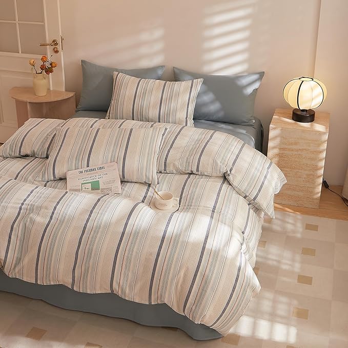 Striped Duvet Cover Set Twin, 3 Pieces Blue White Stripes Pattern Printed Comforter Cover, 100% Washed Cotton Striped Bedding Set, Soft Breathable Twin Duvet Cover with Zipper Closure & Corner Ties