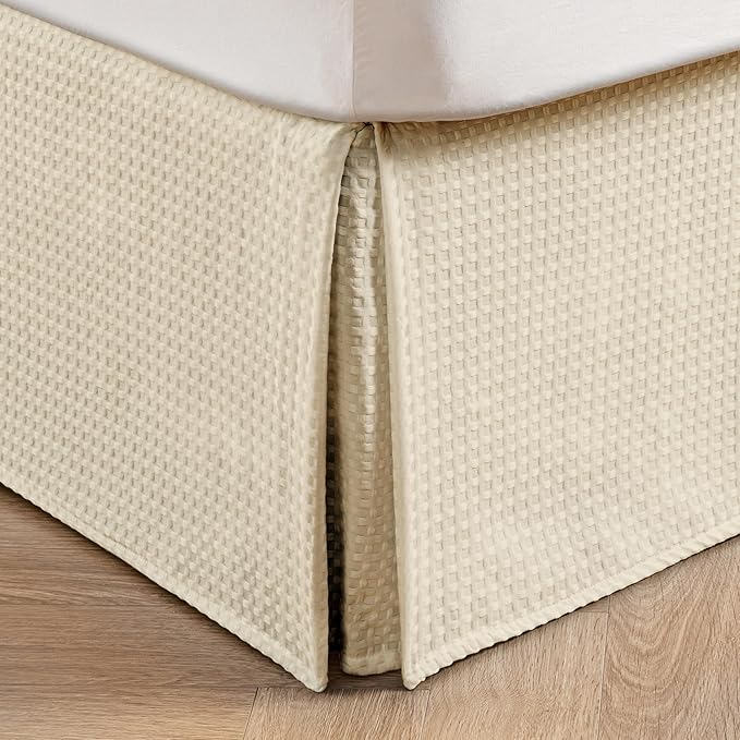 MIYE Pleated Waffle Weave Bed Skirt, Tailored Dust Ruffle 12 Inch Drop Easy Fit, Machine Washable,No Split Corners (Light Beige, Queen - 12" Drop)