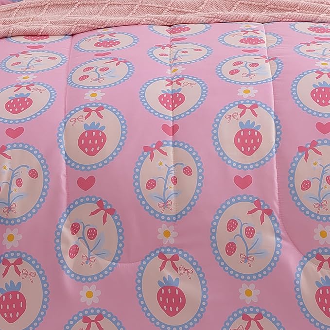 Full Size Comforter Set for Girls - 4 Pieces Pink Strawberry Full Bedding Sets for Kids,1 Comforter, 2 Shams and 1 Decor Pillow