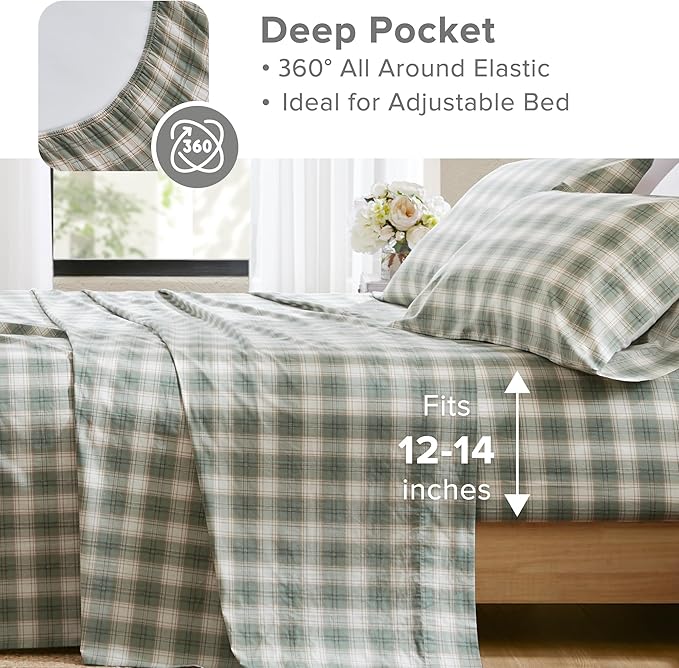 Comfort Spaces 100% Cotton Sheets Twin XL, Breathable, Naturally Cool Cotton Sheets, Soft Cotton Bed Sheets with 12" Elastic Pocket Fits up to 14" Mattress, All Seasons Sheet Set, Wesley Green 3 Piece