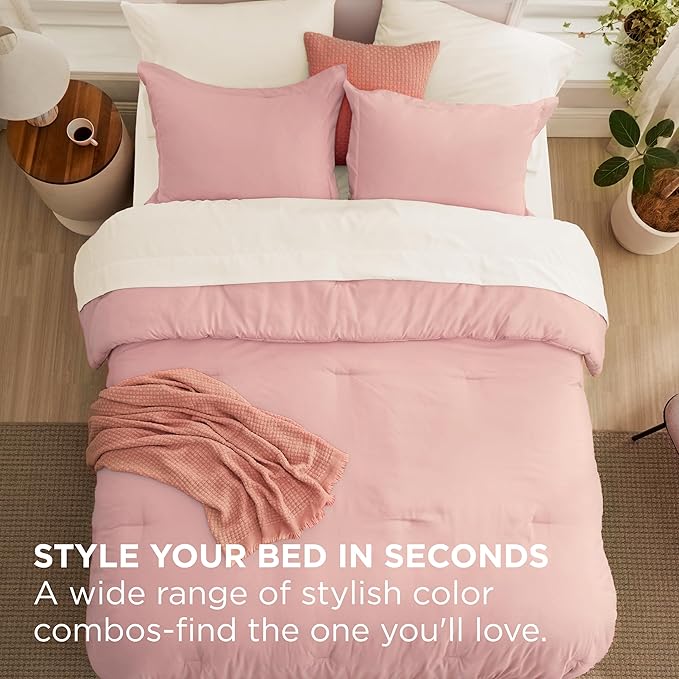 Bedsure Twin Comforter Set - 5 Pieces Pink Twin Bedding Set for All Seasons, Boho Contrasting Design Bed in a Bag with Comforter, Sheets, Pillowcase & Sham