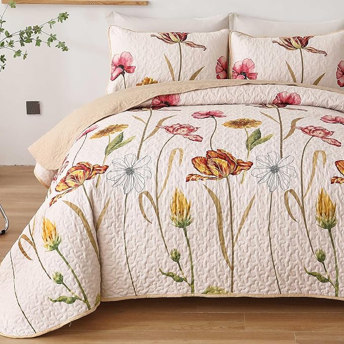WONGS BEDDING Quilt Set Queen Size, 3 Pieces Floral Bedspread Bedding Sets Soft Lightweight Microfiber Flower Pink Coverlet Set for All Season (96"x90")