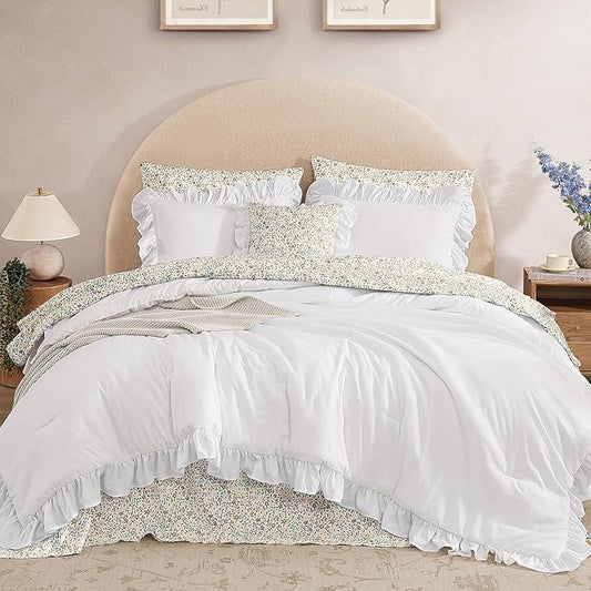 Full Comforter Set - 7 Pieces Ruffle White Bedding Sets, Shabby Chic Farmhouse Bed in a Bag Full with Ruffle Comforter, Floral Sheets, Pillowcases & Shams