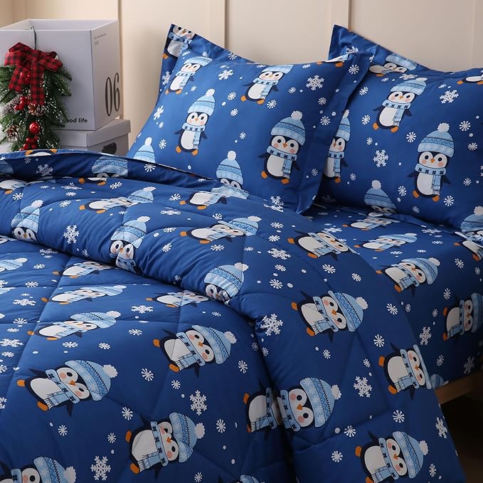 JSD Penguin Snowflakes Kids Christmas Comforter Set Queen Size, 3 Piece Xmas Printed Microfiber Bedding Set, Machine Washable