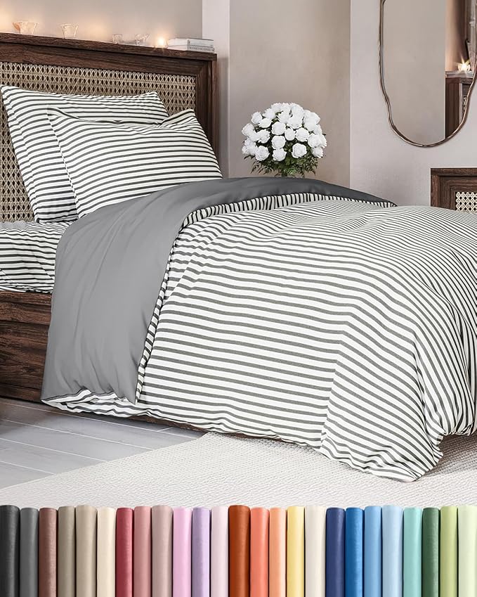 Duvet Cover Twin/Twin XL Size - Extra Soft Twin/Twin XL Size Duvet Cover - Lightweight, Breathable & Cozy w/ Zipper Closures and Ties - 68" x 90" Inches - (Grey Stripes 2) Comforter Not Included