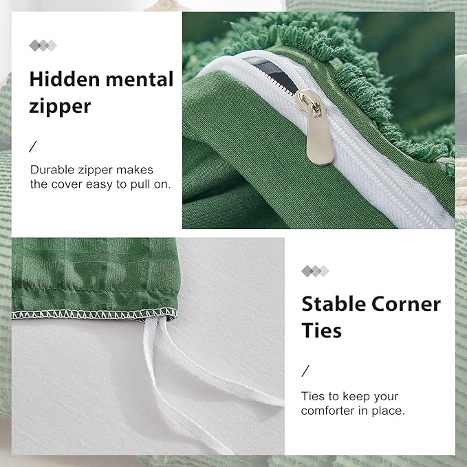 WARMDERN Boho Duvet Cover Set King Size,Forest Green Striped Duvet Cover Microfiber Bedding Set,3PCS Ultra Soft Breathable Lightweight Tuft Texture Duvet Covers with Zipper Closure(Forest Green,King)