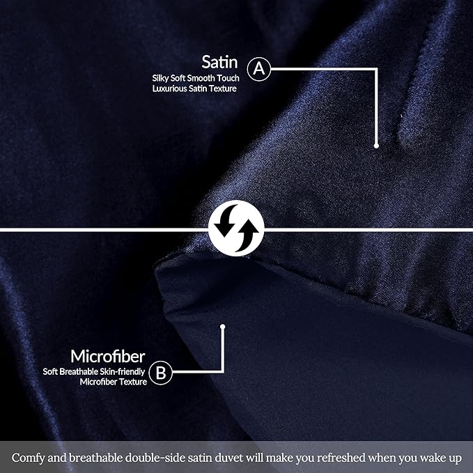 Whale Flotilla 3-Piece Reversible Silky Soft King Size Comforter Bedding Set, Luxurious Satin Comforters Oversized with 2 Satin Pillowcases, Lightweight Duvet for All Seasons, Navy