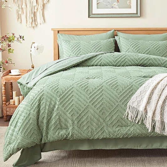 Zzlpp Full Comforter Set 7 Pieces, Sage Green Tufted Bed in a Bag with Comforter and Sheets, All Season Boho Bedding Sets with 1 Comforter, 2 Pillow Shams, 2 Pillowcases, 1 Flat Sheet, 1 Fitted Sheet