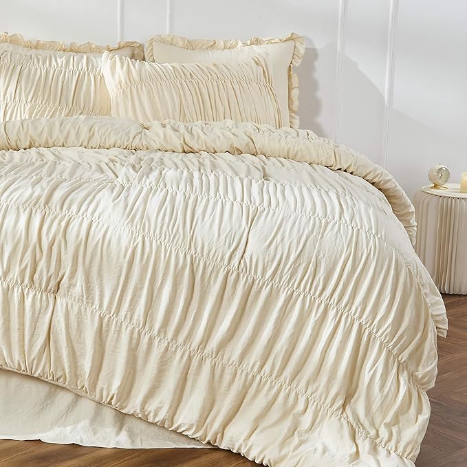 Bonlino King Size Comforter Set Bedding - Ruched Wheat Comforter King Bed Set Boho Shabby Chic Bedding for Bedroom Comforter Fluffy 3 Piece Ruffle Comforter Set with Pillow White Soft and Luxury