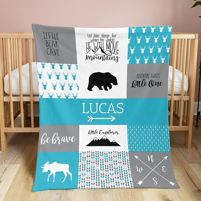 Customzed Baby Blanket for Boys Super Soft Double Layer with Dotted Backing, Monogrammed Receiving Blanket with Cute Woodland Multicolor Printed Blanket, Teal, 40 x 50 Inch