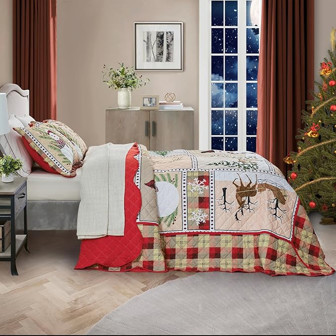 HZ & HY Christmas Oversized Bedspread 128x120 Extra Wide, Winter Snowman Pattern Bedding Quilt, Rustic Lodge Plaid Patchwork Comforter Set, Lightweight & Soft Microfiber, 3 Piece, Cal King