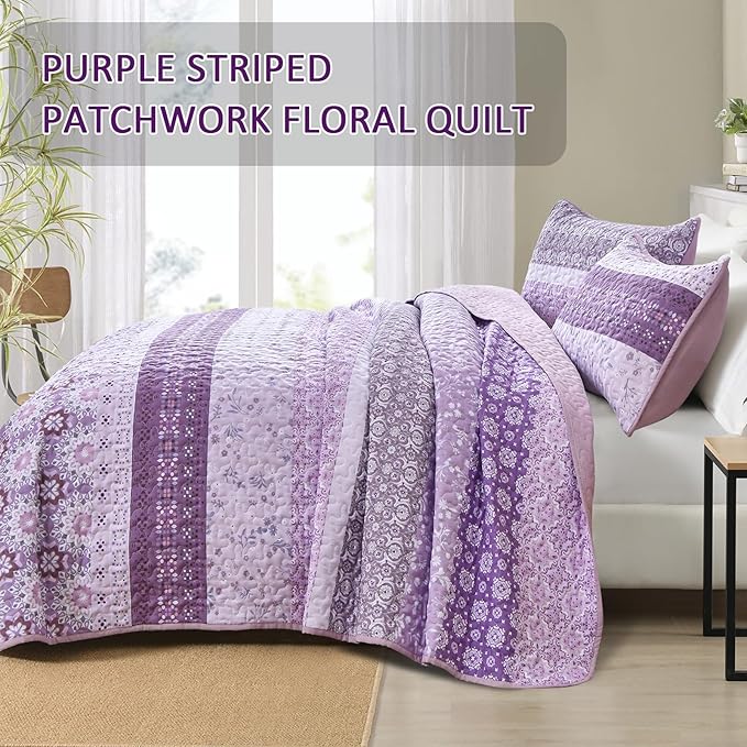 WONGS BEDDING Boho Quilt Queen Set,Purple Bohemian Striped Patchwork Bedspread Coverlet Set with 2 Pillowcases,Lightweight Microfiber Floral Quilt Bedding Set 96"×90"