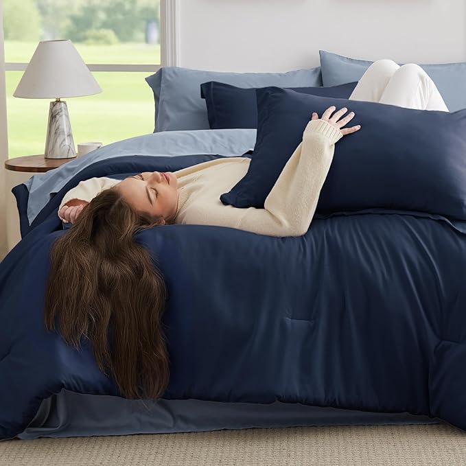 Bedsure Full Size Comforter Set - 7 Pieces Navy Full Bedding Set for All Seasons, Boho Contrasting Design Bed in a Bag with Comforter, Sheets, Pillowcases & Shams