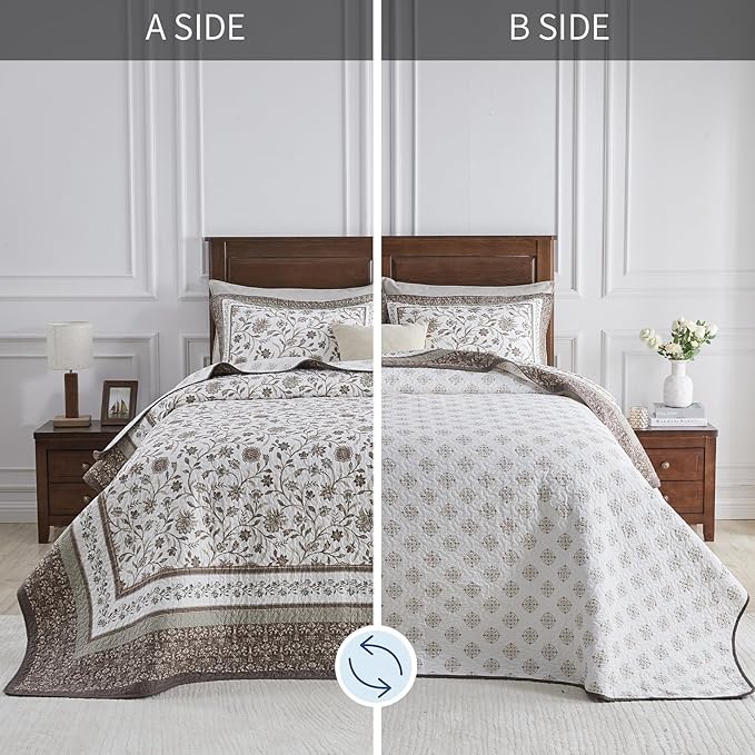 Oversized King Bedspreads 120"x120" - 100% Cotton California King Quilt, Farmhouse Brown Floral Pattern, Extra Large Quilted Coverlet, Lightweight Reversible XL Bedding Set, 3 Pcs