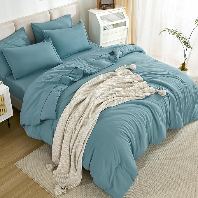 Litanika Oversized Queen Size Comforter Set Grayish Teal - 7 Pieces Bed in a Bag Oversized Beddding Sets, Solid Lightweight Bed Set with Comforter, Sheets, Pillowcases & Shams