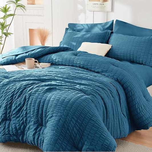 HYMOKEGE Teal King Size Comforter Set Seersucker 7 Pieces, All Season Luxury Bed in a Bag for Bedroom, Bedding Set with Comforters, Sheets, Pillowcases & Shams