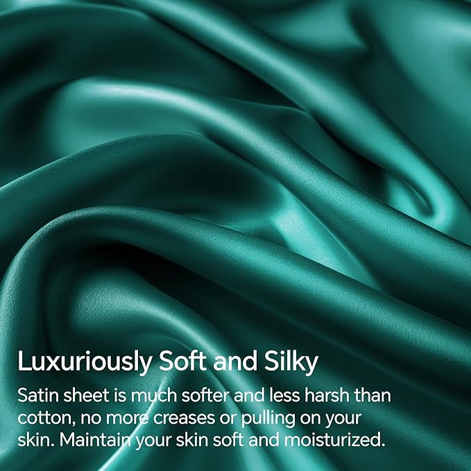 BEDELITE Satin Sheets Twin Size Bed Set, Luxury Soft Teal Silky Sheets for Hair and Skin, Similar to Silk Bed Sheets Set 3 Pieces with 1 Deep Pocket Fitted Sheet, 1 Flat Sheet, and 1 Pillowcase