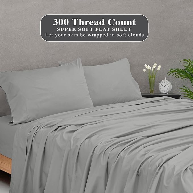 Royale Linens 300 Thread Count 100% Long Staple Combed Cotton Flat Sheet - Super Soft - Top Sheets - Full Flat Sheet Sold Separately - Breathable, Cool & Crisp Percale Sheets Only (Full, Silver)