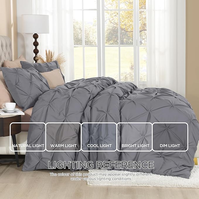 Litanika Dark Grey Oversized Queen Pinch Pleat Duvet Cover, 3 Pieces Pintuck Cover Soft Microfiber Bedding Set with Zipper Closure & Corner Ties(1 Duvet Cover, 2 Pillowcases)