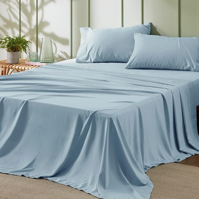 Bedsure California King Sheet Sets - 4 Pieces Soft Cal King Sheets - Breathable & Cooling - Hotel Luxury - Easy Care Polyester Microfiber Bedding for Women, Men, Light Blue