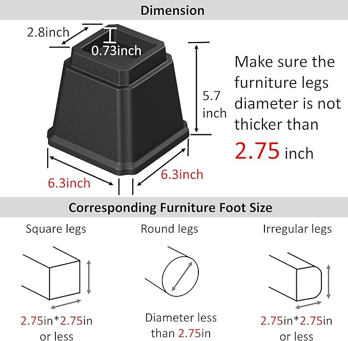 Bed Risers Heavy Duty 5 Inches Bed Elevators, Set of 6 Lifts Up 3,000 lbs Furniture Riser for Sofa and Table, Black