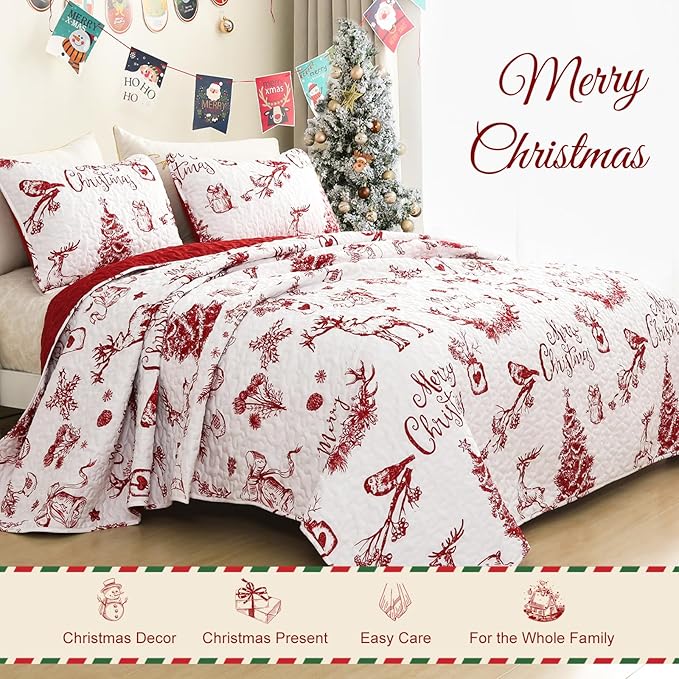 Exclusivo Mezcla Reversible Christmas Quilts King Size, Red Bedspread Lightweight Coverlet Winter Quilt Bedding Set with Printed Trees Reindeer Wreaths Pattern (1 Quilt, 2 Pillow Shams)