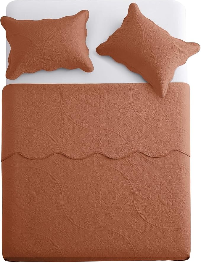 MOONLIGHT20015 Twin Quilt Bedding Set Size (66" x 86 ") + 1 Pillow Shams (20" x 26" + 2") - 2 Pcs All Season Lightweight Reversible Microfiber Coverlet Floral Embossed Quilt Bedspread (Rust)