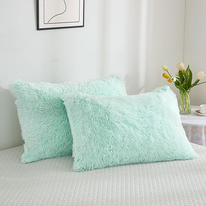 annadaif Fluffy Duvet Cover Full Size, Aqua Green Plush Shaggy Faux Fur Comforter Cover Velvet Bedding Set with Zipper Closure(1 Duvet Cover, 2 Pillowcases)