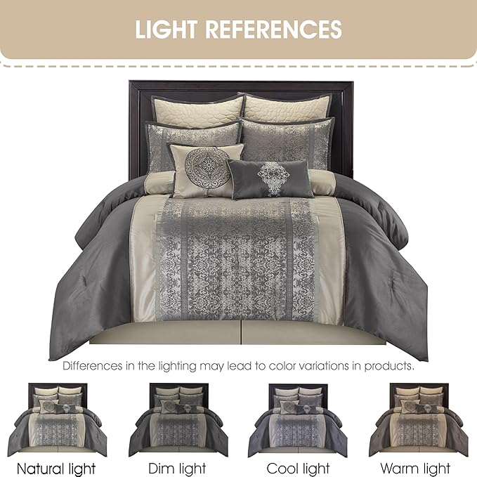 Grand Avenue Silver/Ivory Damask Patchwork Comforters Queen Size Set, 8 Piece, Jacquard Pillow Sham, Bedskirt, Decorative Pillow, All Season Bedding Set