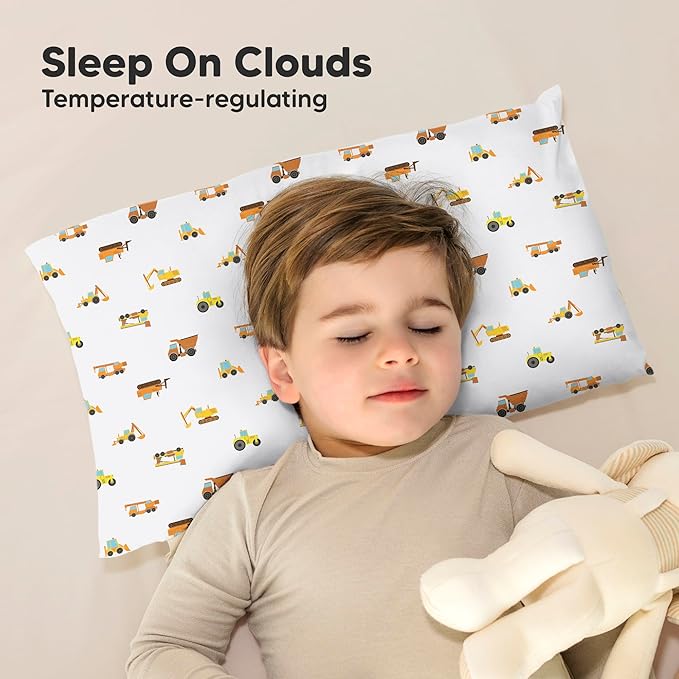 KeaBabies Toddler Pillow with Pillowcase - 13x18 My Little Cuddly Kids Travel Pillows for Sleeping, Nap, Viscose from Bamboo Nursery Pillowcase, Soft & Breathable, Toddler 2-5 Years Old (Construction)