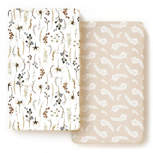 Stretch Ultra Soft Jersey Knit Fitted Crib Sheets Set 2 Pack, Fits All Standard Crib Mattress Pads Safe and Snug, Stylish Pretty Flora for Baby, Beige