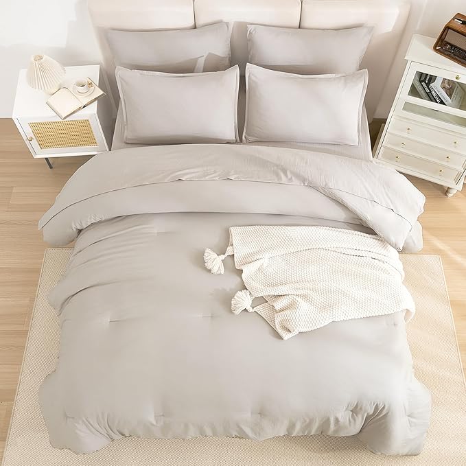 Litanika Queen Comforter Set Linen - 7 Pieces Bed in a Bag Queen Bedding Comforter Sets, Solid Lightweight Bed Set with Comforter, Sheets, Pillowcases & Shams