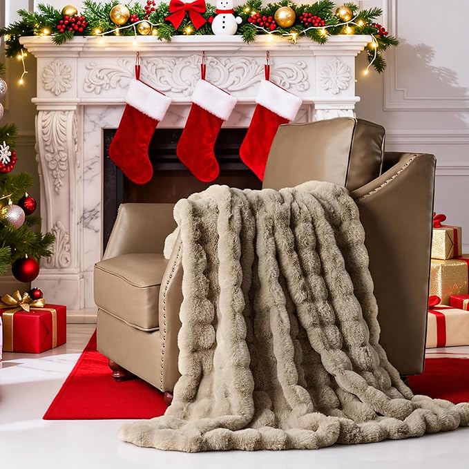 Lotus Karen King Size Faux Fur Blanket Khaki - Big Bubble Rabbit Fluff Blanket for Bed, Large Fluffy Fuzzy Cozy Blanket, Thick Furry Plush Shaggy Blankets, 108x90 Inches