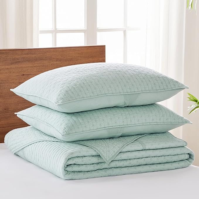 Levtex Home Cross Stitch Reversible Twin Bedspread Set (84x104in) with 1 Pillow Sham (26x20in) - Stitch Texture - Blue Haze - Cotton Twin Size Bedspread Set - Lightweight, Soft, Pre-Washed