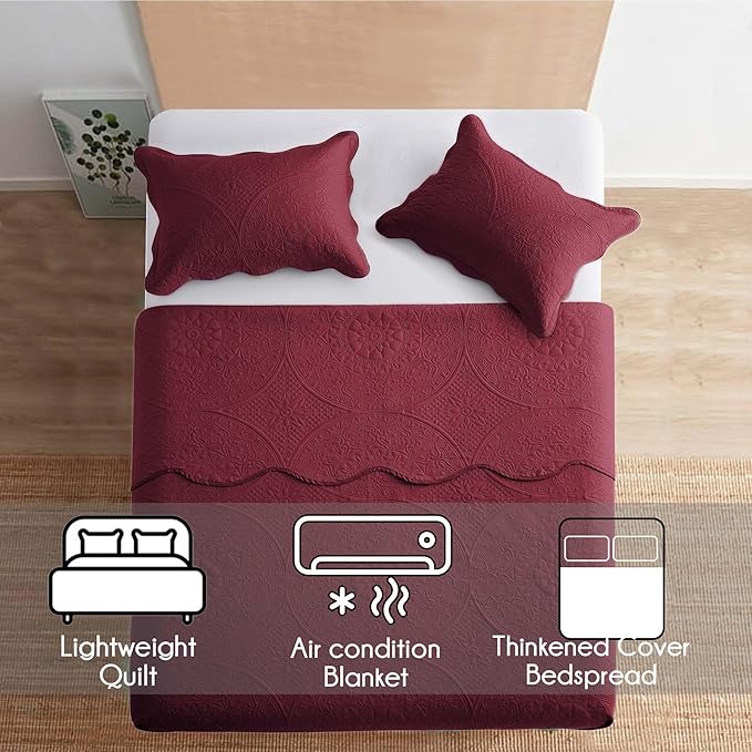 MOONLIGHT20015 King Quilt Bedding Set Size (106" x 96") + 2 Pillow Shams (20" x 36"+ 2") - 3 Pcs All Season Lightweight Reversible Quilt Bedspread Microfiber Floral Embossed Coverlet (Burgundy)