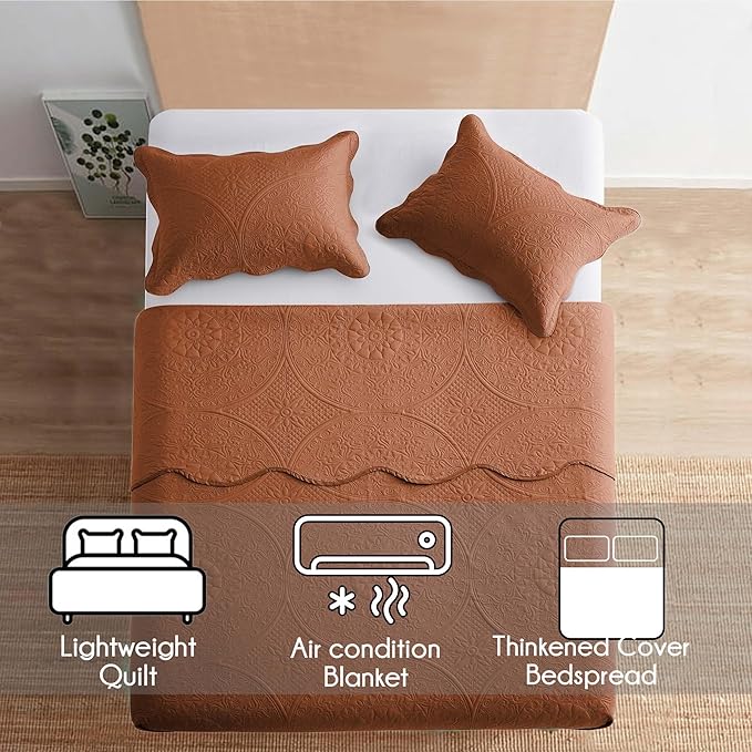 IR Imperial Rooms California King Quilt Bedding Set Size (118"x106") + 2 Pillow Shams (20" x 36"+ 2") - 3 Pcs All Season Reversible Microfiber Coverlet Embossed Floral Quilt Bedspread (Rust)