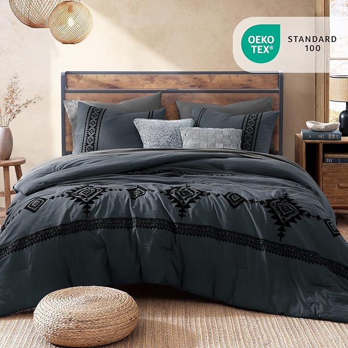 MaiRêve Embroidery King Size Comforter Set Blue Grey, Boho Farmhouse Western Bedding Set 7 Pieces, All Season Bed in A Bag Comforter Set with Sheets, Pillowcases & Shams