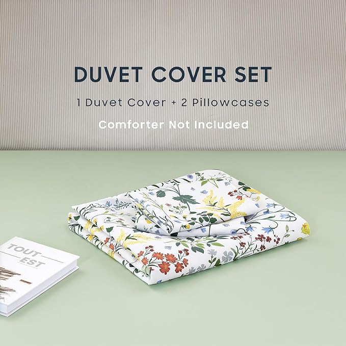 Wake In Cloud - Floral Duvet Cover Set, Shabby Chic Cottage Garden Botanical Flower Style with Elegant Wildflower Pattern, Soft Lightweight Bedding, 3 Pieces, Multicolor Green, Full Size