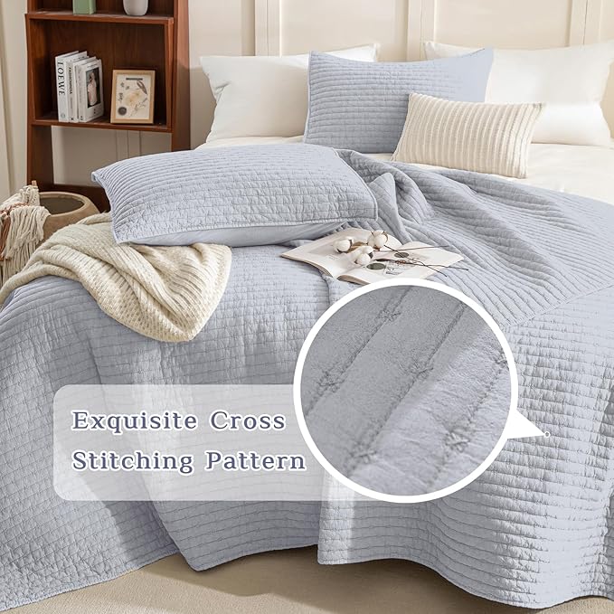 CozyTide Oversized King Bedspread 128"x120",Stone-Washed Cotton Light Blue Oversized King Quilt Bedding Set,Soft Lightweight Extra Large Farmhouse Boho Bedspread & Coverlet Sets 3 Pieces