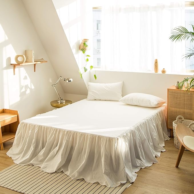 Simple&Opulence Belgian Linen Bed Skirt with Classic 14 inch Tailored Drop Dust Ruffle, Easy Fit Breathable Premium Natural Flax- Pleated White, Twin