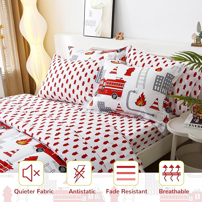 Mooreeke Kids Twin Comforter Sets for Boys 6 Pieces Fire Truck White Bedding Set for Teens Soft Microfiber Kids Bed in A Bag with Comforter, Sheet Set, Shams and Decorative Toy Pillow All Season